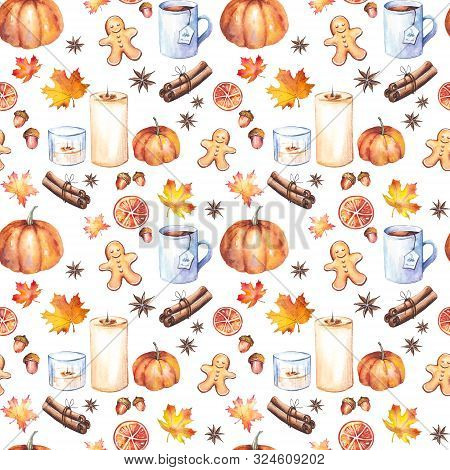 Seamless Pattern With Pumpkings, Tea Mugs, Ginger Cookie, Cinnamon, Candles And Colorful Autumn Leav