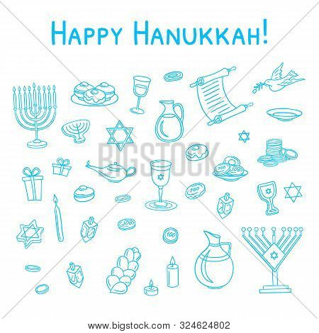 Vector Hanukkah Hand Drawn Doodle Set. Jewish Holiday Cute Contour Objects Illustration. Menorah, Do