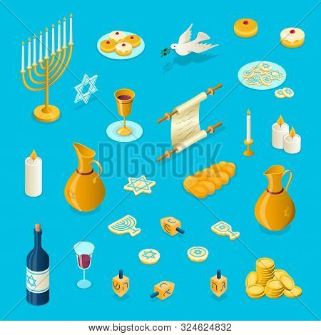 Vector Hanukkah Isometric 3d Elements Set. Jewish Holiday 3 Dimensional Objects Illustration. Menora