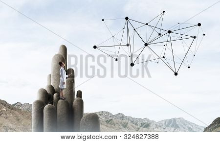 Young Female Doctor With Folder In Hands Satnding On Stone Column. 3d Rendering