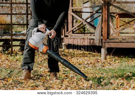 Garden Leaf Cleaning, Garden Vacuum Cleaner. Harvesting Leaves In The Garden With A Wind Blower
