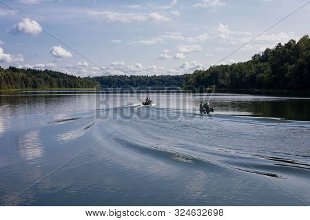 Dubingiai, Lithuania - September 1, 2018: Fishermen In Their Boats In Asveja Or Dubingiai Lake.