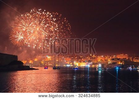 Malta Valletta Night Festival Of Fireworks. Travel Concept