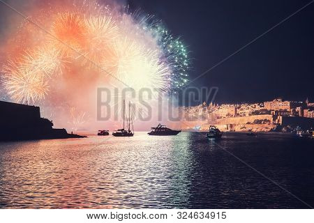 Malta Valletta Night Festival Of Fireworks. Travel Concept