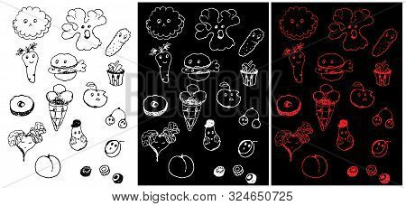  fast Food Seamless, Quick Snacks, Black And White Vegetable Set, Vector Illustration