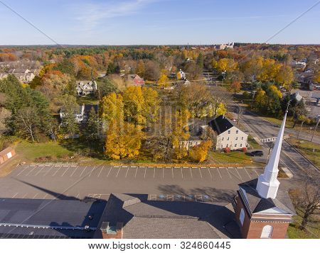 Tewksbury Historic Town Center Aerial View On Main Street In Fall, Tewksbury, Massachusetts, Ma, Usa