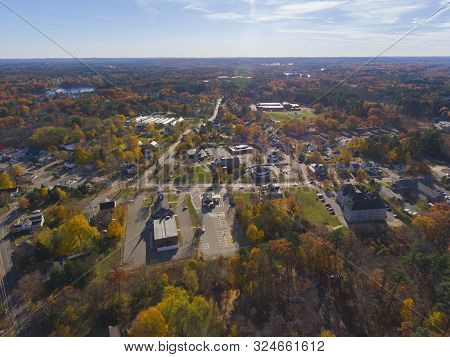 Tewksbury Historic Town Center Aerial View On Main Street In Fall, Tewksbury, Massachusetts, Ma, Usa