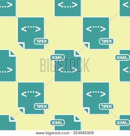 Green Xml File Document. Download Xml Button Icon Isolated Seamless Pattern On Yellow Background. Xm