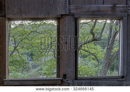 Nature View Through English Camp Barn. Old  Barn Used In Mercury Mining At Almaden Quicksilver Count