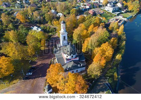Top View On The Old Church Of Alexander Nevsky In Golden Autumn. Ust-izhora, St. Petersburg. Russia