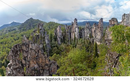 Panorama Mountain Range Inzerskie Zubchatki In The Southern Urals, Russia.