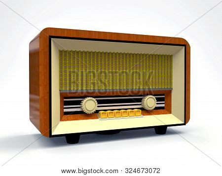 Old Vintage Tube Radio Receiver Made Of Wood And Cream Plastic On A White Background. Old Mid-20th C