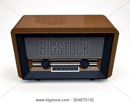 Old Vintage Tube Radio Receiver Made Of Wood And Black Plastic On A White Background. Old Mid-20th C