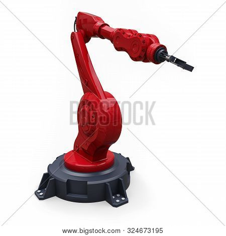 Robotic Red Arm For Any Work In A Factory Or Production. Mechatronic Equipment For Complex Tasks. 3d