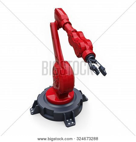 Robotic Red Arm For Any Work In A Factory Or Production. Mechatronic Equipment For Complex Tasks. 3d