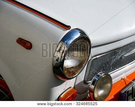 Miercurea Ciuc, Romania- 29 September 2019: Trabant 601 Headlight Close Up Shot On A Bright Sunny Da