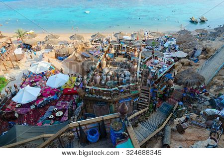 Sharm El Sheikh, Egypt - September 19, 2019: Beautiful Top View Of Popular Farsha Cafe On Shore Of R