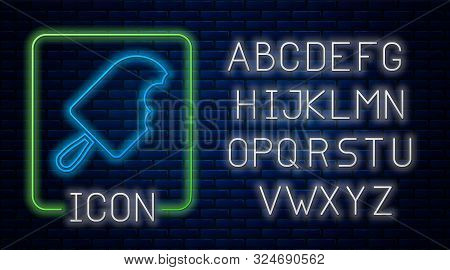 Glowing Neon Ice Cream Icon Isolated On Brick Wall Background. Sweet Symbol. Neon Light Alphabet. Ve
