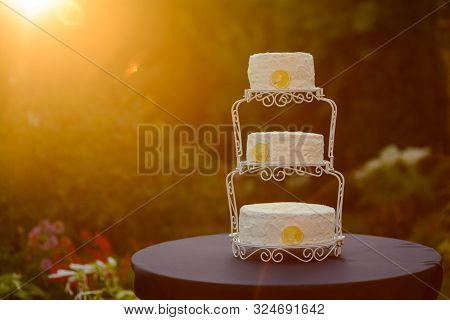 Exquisite Cake In The Rays Of The Setting Sun, Close-up. Wire Cake Stand. Summer Outdoor Wedding.