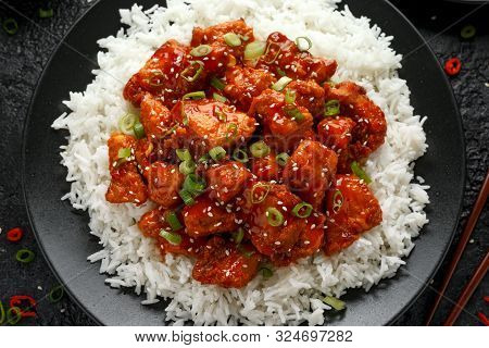 Tsos Chicken With Rice, Green Onion And Broccoli