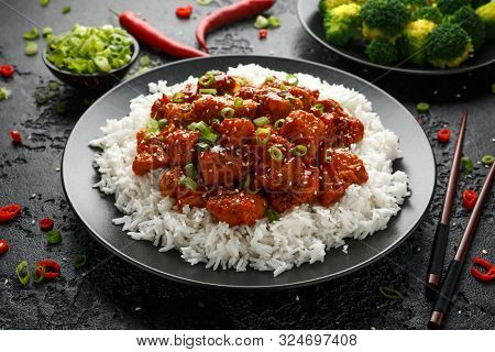 Tsos Chicken With Rice, Green Onion And Broccoli