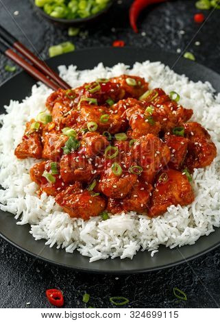 Tsos Chicken With Rice, Green Onion And Broccoli