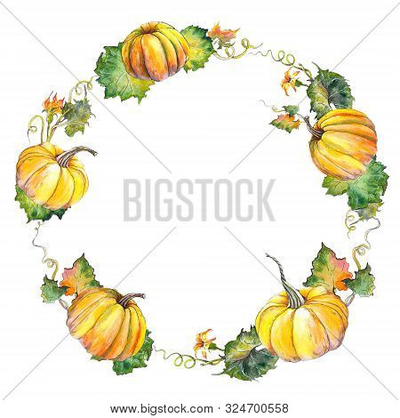 Autumn Wreath Witn Pumpkins, Leaves And Branches. Thanksgiving And Harvesting Decoration. Watercolor