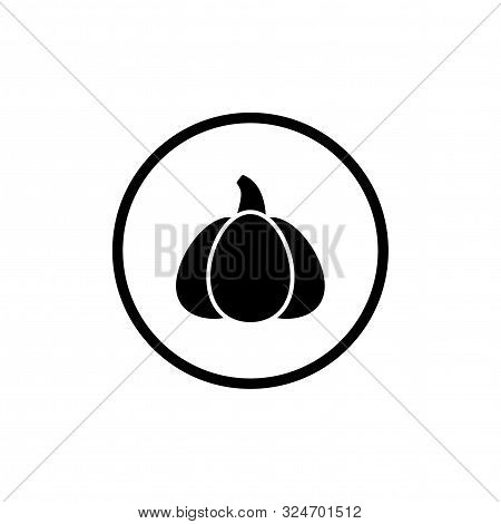 Pumpkin Icon With Stem. Black Gourd Label. Halloween Sticker Isolated On Hite.