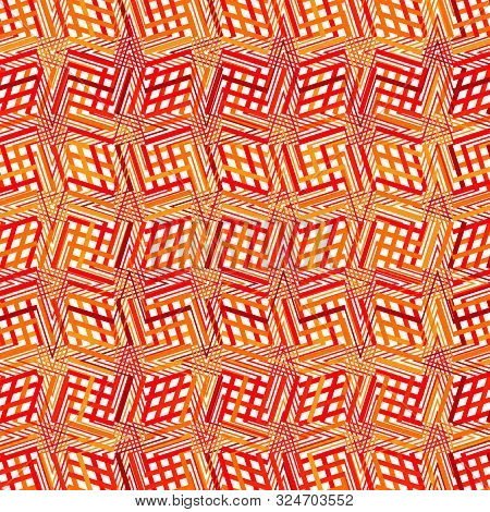 Intersected, Interweaved Irregular Lines, Stripes Orange, Yellow Grid Pattern. Interlocking, Weaved