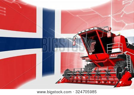 Agriculture Innovation Concept, Red Advanced Rye Combine Harvester On Norway Flag - Digital Industri