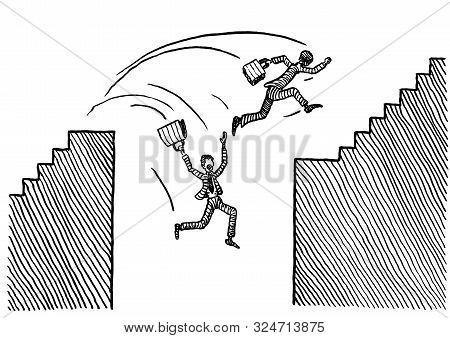 Freehand Pen Drawing Of Two Competing Business Man Jumping Over Abyss. One Is Succeeding, The Other 