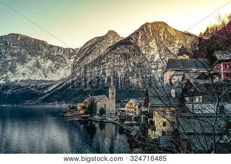 Halstatt, Salzkammergut, Austria - December 30th 2016: A Landscape View Of Halstatt In Winter