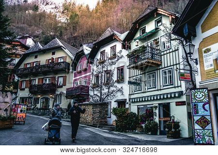 Halstatt, Salzkammergut, Austria - December 30th 2016: A View Of Some Buildings In Halstatt With A Y