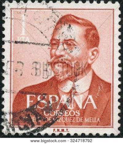 Poltava, Ukraine - September 25, 2019. Vintage Stamp Printed In In Spain 1961 Shows The 100th Annive