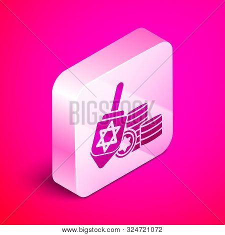 Isometric Hanukkah Dreidel And Coin Icon Isolated On Pink Background. Silver Square Button. Vector I