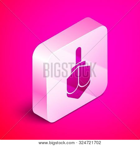 Isometric Hanukkah Dreidel Icon Isolated On Pink Background. Silver Square Button. Vector Illustrati