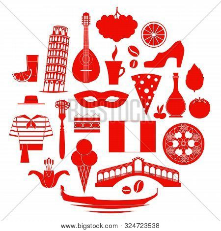 Set Of Italian, Symbol Silhouettes. Vector Illustration.