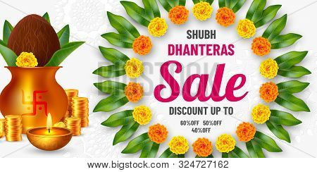 Shubh Dhanteras Sale Promotional Banner For Diwali Festival Celebration. Indian Pots For Pooja With 