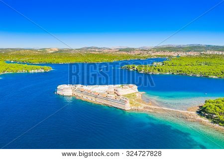 Old Stone St. Nicholas Fortress At Sibenik Bay Entrance, Archipelago Od Dalmatia, Croatia, Drone Aer