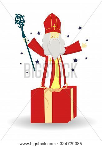 St. Nicolas Day. Greeting Card For The Sinterclass. Holiday Gifts In A Red Bag..