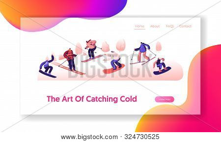 Sportswomen Having Fun On Ski Resort Website Landing Page. Happy People Riding Snowboard And Skis By