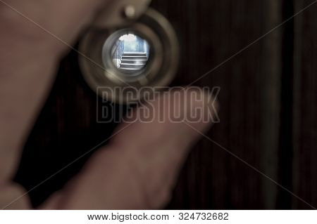 View Through The Peephole On The Landing. Sharpness On The Stair Step
