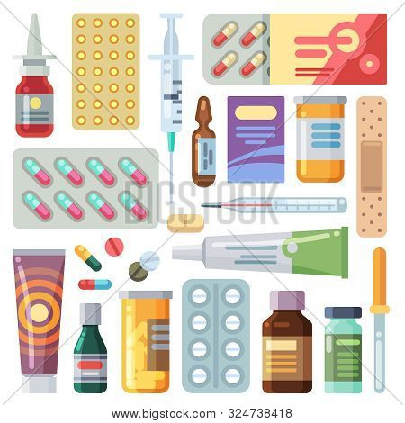 Flat Pills. Medicine Cartoon Drugs, Tablets And Antibiotics. Medication Dose, Vitamin Capsules Icons