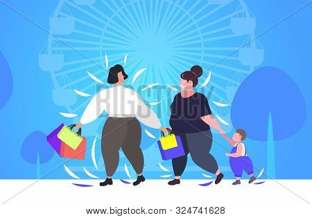 Fat Obese Women With Child Holding Shopping Bags Overweight Girls Walking With Little Boy Outdoor Bi