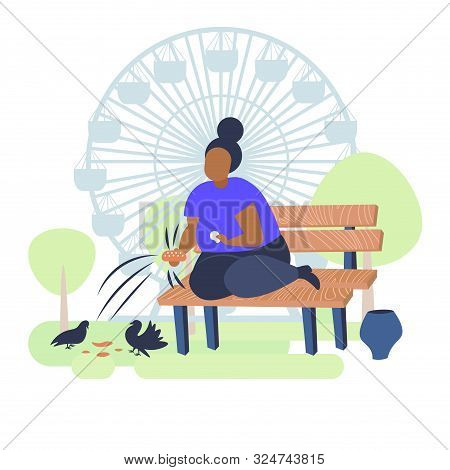 Fat Obese Woman Holding Bread And Feeding Flock Of Pigeon Overweight African American Girl Sitting O