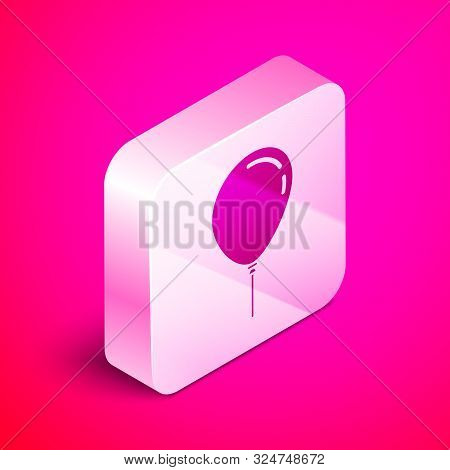 Isometric Balloon With Ribbon Icon Isolated On Pink Background. Silver Square Button. Vector Illustr