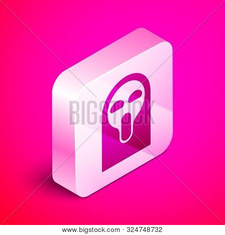 Isometric Funny And Scary Ghost Mask For Halloween Icon Isolated On Pink Background. Happy Halloween