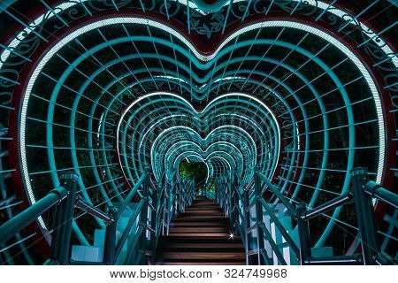 A Stairway Leading Through A Tunnel Of Hearts In Jewangsan Park In Chinhae, South Korea