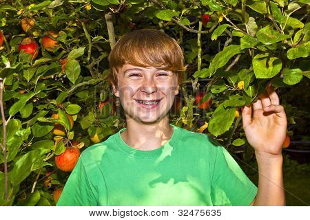 Menino inteligente bonito no jardim debaixo da árvore