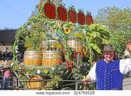 Stuttgart, Germany-september 30, 2018: Beer Festival, Festive Procession With Beer Barrels